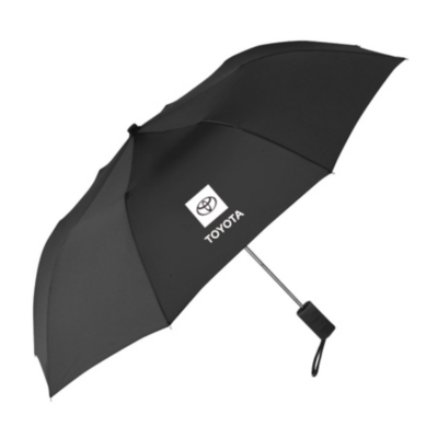  The canopy of the umbrella is black and features the Toyota logo