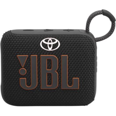 A black JBL portable Bluetooth speaker with a textured fabric exterior. Above the JBL logo, there is a white Toyota logo. The speaker features control buttons on the top and a loop.