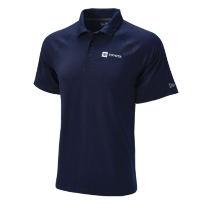 A navy blue polo shirt with a collar and three buttons. The shirt features the Toyota logo on the left chest area and a small New Era logo on the left sleeve.