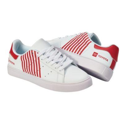 Two white sneakers with red accents. The sneakers have a white sole and laces, with red stripes on the sides. The heel area is red with the Toyota logo and text ""TOYOTA"" in white.