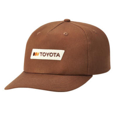 A brown baseball cap with a curved brim with the word 'TOYOTA' in capital letters, three vertical stripes in orange, yellow, and red