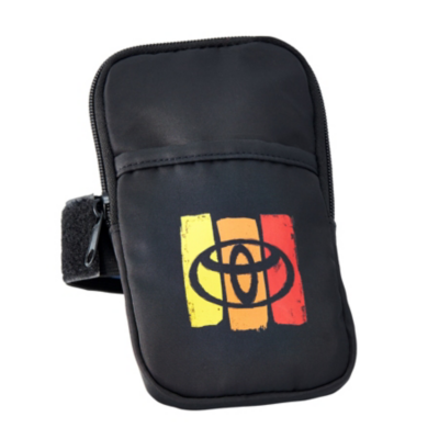  black pouch with a zipper and a Velcro strap. The front of the pouch features a logo consisting of three vertical stripes in yellow, orange, and red