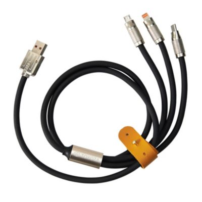 A black multi-functional charging cable with a USB-A connector on one end and three different connectors on the other end: a micro-USB, a mini-USB, and an Apple Lightning connector.