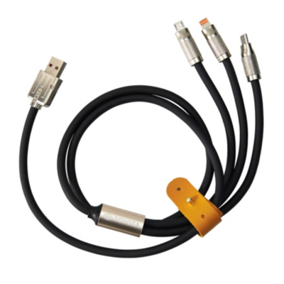 A black multi-functional charging cable with a USB-A connector on one end and three different connectors on the other end: a micro-USB, a mini-USB, and an Apple Lightning connector.