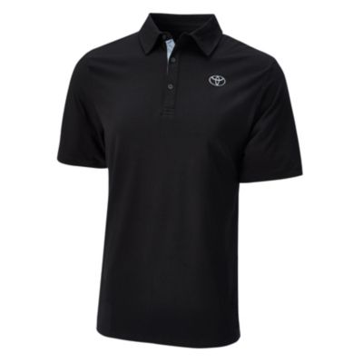A black short-sleeve polo shirt with a collar and three buttons. The shirt features the Toyota logo embroidered on the left chest area.