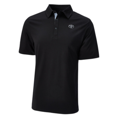 A black short-sleeve polo shirt with a collar and three buttons. The shirt features the Toyota logo embroidered on the left chest area.