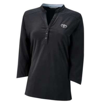 A black short-sleeve polo shirt with a collar and three buttons. The shirt features the Toyota logo embroidered on the left chest area.