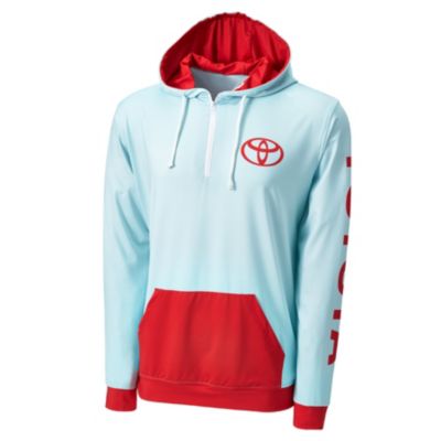 Light blue performance fabric hoodie with red accents. Toyota bug in red on left chest, Toyota in red going down left sleeve and red circle design on back.