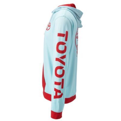 Light blue hoodie with red 'TOYOTA' text printed vertically on right sleeve