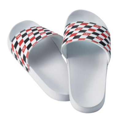 Slide sandals with red and black checkerboard design on top of slide. 