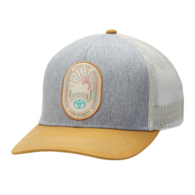 Grey front with cream mesh back cap. A new discovery printed patch on front of cap