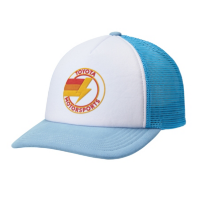 white foam front with light blue mesh back. Lightening bolt design on front with Toyota logo