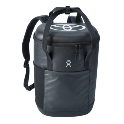 Black backpack cooler with large white Toyota bug printed on top.