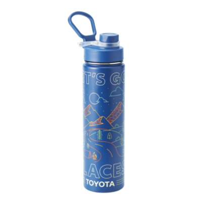 Navy bottle with let's go places and outdoor artwork printed on full bottle