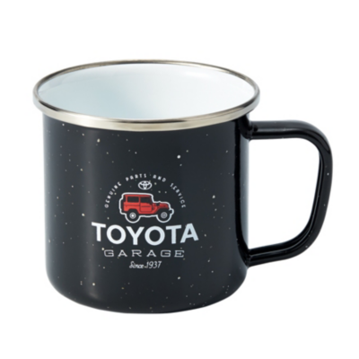 Black enamel speckeled mug with Toyota garage artwork printed on front