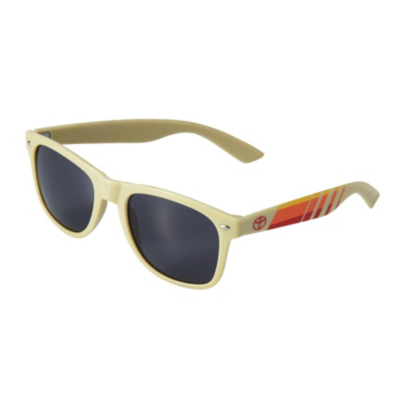 Tan sunglasses with red, orange and yellow stripes on side. Toyota bug printed in red on side.