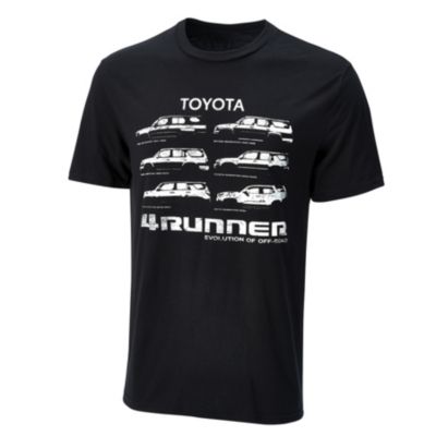 black tee with different models of 4 runners printed on front