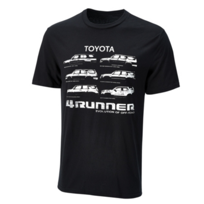 black tee with different models of 4 runners printed on front