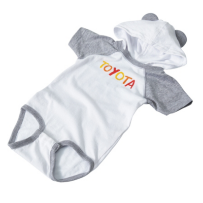 Infant bodysuit with hood. Toyota on the front in multiple colors and crayon font.