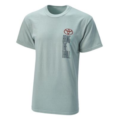 Light green tee with bring the thrill text on left front and full back