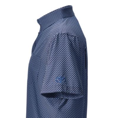 Side view of a blue short-sleeve shirt with a white polka dot pattern, featuring a collar and lightweight fabric.