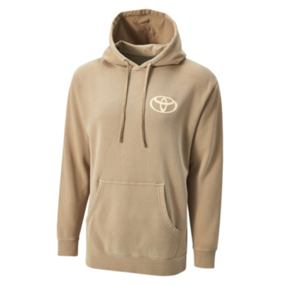 Tan hoodie with cream Toyota bug on left chest and full color new discovery logo on back
