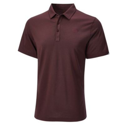 Maroon short-sleeve polo shirt with a collar and three-button placket, featuring a small logo on the left chest