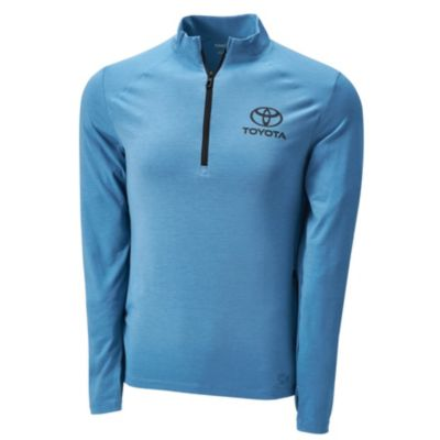 Blue long-sleeve quarter-zip pullover with the Toyota logo and 'TOYOTA' printed in black on the left chest.