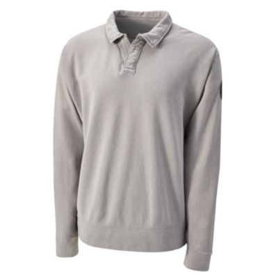 Light gray long-sleeve polo shirt with a collar, button placket, ribbed cuffs and hem, and a small patch on the left sleeve near the shoulder.