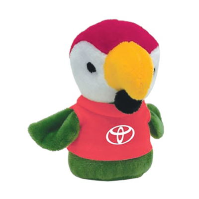 small parrote stuffed animal with red t-shirt on. Toyota bug printed in white on tee.