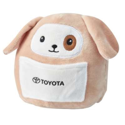 Dog stuffed animal with Toyota logo printed on front pocket 