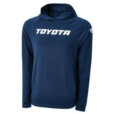 Navy hooded performance long sleeve shirt. Toyota logo printed in white on front. Toyota bug printed in white on left sleeve.