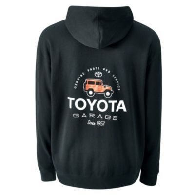 Black full zip sweatshirt with Toyota garage logo printed on left chest and full back