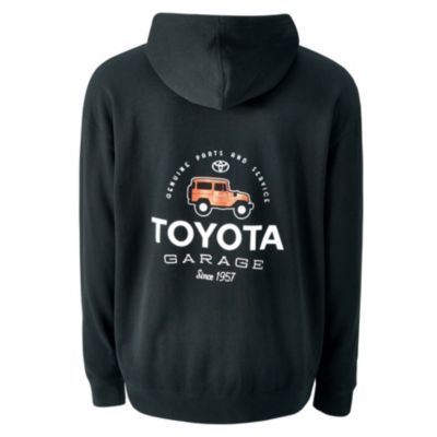 Black full zip sweatshirt with Toyota garage logo printed on left chest and full back