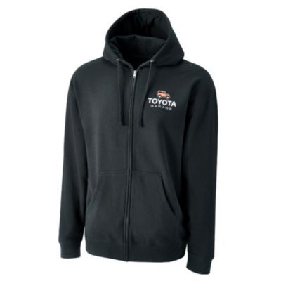 Black full zip sweatshirt with Toyota garage logo printed on left chest and full back