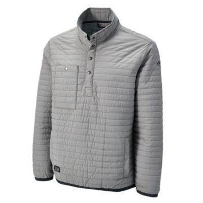 Grey quilted jacket with snap closure. Pullover style. Toyota bug embroidered in black on left bicep.