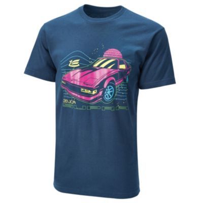 navy blue tee with magenta celica car printed on front. Bright colored details around the car to finalize the look of the tee.