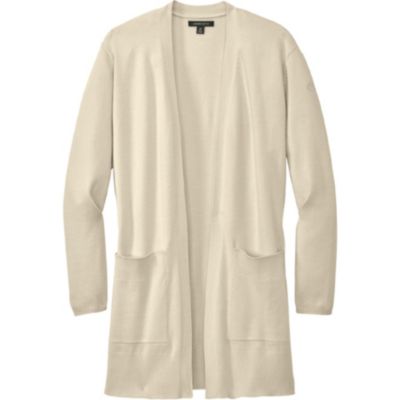Long beige open front cardigan with tonal Toyota logo embroidered on bicep