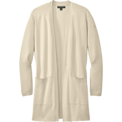 Long beige open front cardigan with tonal Toyota logo embroidered on bicep