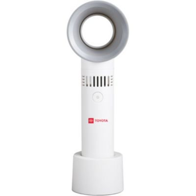 A white bladeless fan with a circular opening, control buttons on the front. Toyota logo on handle