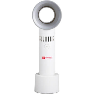 A white bladeless fan with a circular opening, control buttons on the front. Toyota logo on handle