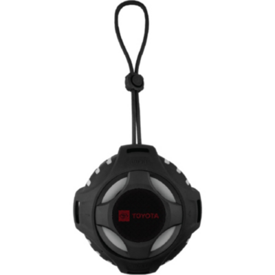 A black waterproof Bluetooth speaker with a wrist strap, featuring a colorful LED light and Toyota logo in red