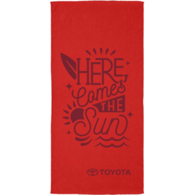 A rectangular, bright red towel with Toyota logo