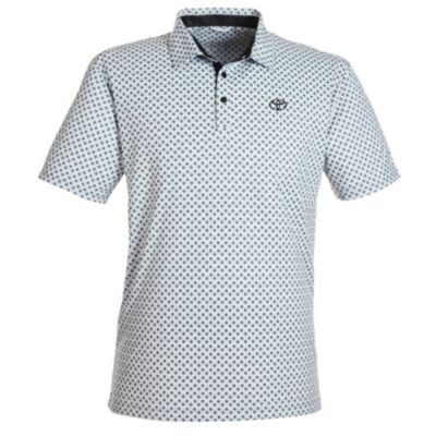 A white short-sleeved polo shirt with a small, repeating blue geometric pattern. Toyota bug embroidered in black left chest