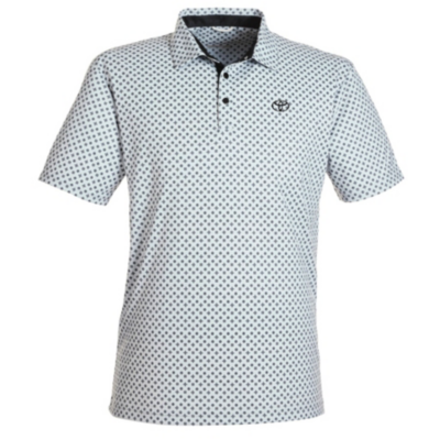 A white short-sleeved polo shirt with a small, repeating blue geometric pattern. Toyota bug embroidered in black left chest
