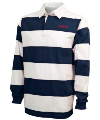 Navy and white striped rugby long sleeve shirt. Toyota logo embroidered in red on left chest.
