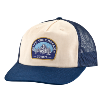 Natural cotton front cap wtih navy mesh back. Snap back. Front of cap has Drive Your Dreams Design on an embroidered patch.
