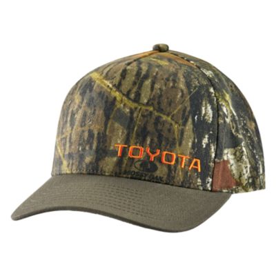 Camo fabric cap with brown brimp and snapback closure. Toyota embroidered in block front in hunter orange on front left.