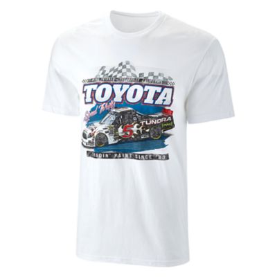 Bright white tee with Mike Skinner truck printed on front in full color. Toyota logo printed over race truck.