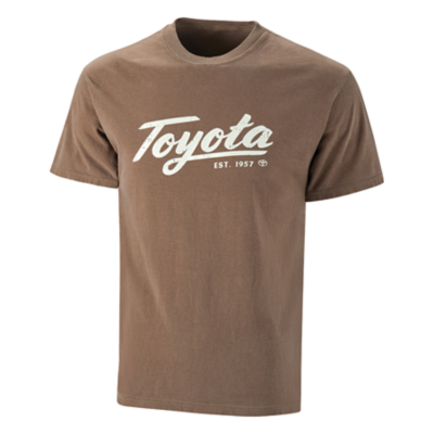 Brown heavyweight tee with Toyota script font and established date printed under logo in cream.